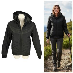 Fried Denim Womens Medium Black StreetTech Puffer Jacket Hooded Chevron Quilted